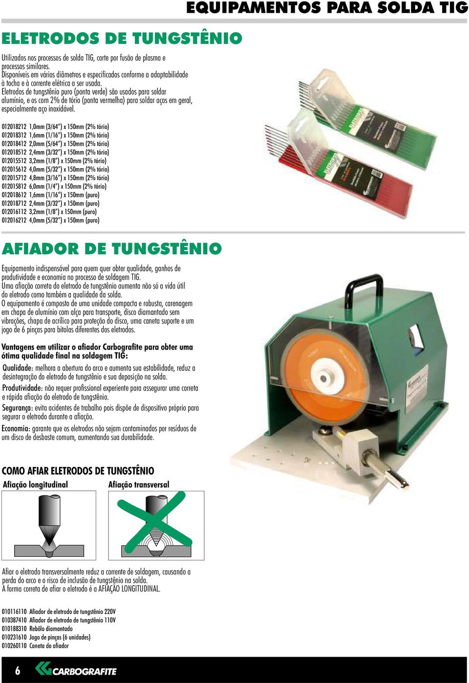 Eletrodos de tungstênio puro (ponta verde) são usados para soldar alumínio, e os com 2% de tório (ponta vermelha) para soldar aços em geral, especialmente aço inoxidável.