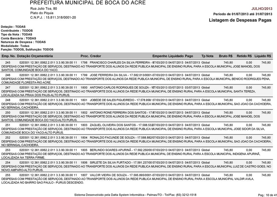 JOSE MANOEL DOS SANTOS, COMUNIDADE BOCA DO YACO. 246 020301 12.361.0062.2.011 3.3.90.39.00 11 1799 JOSE FERREIRA DA SILVA - 17.582.