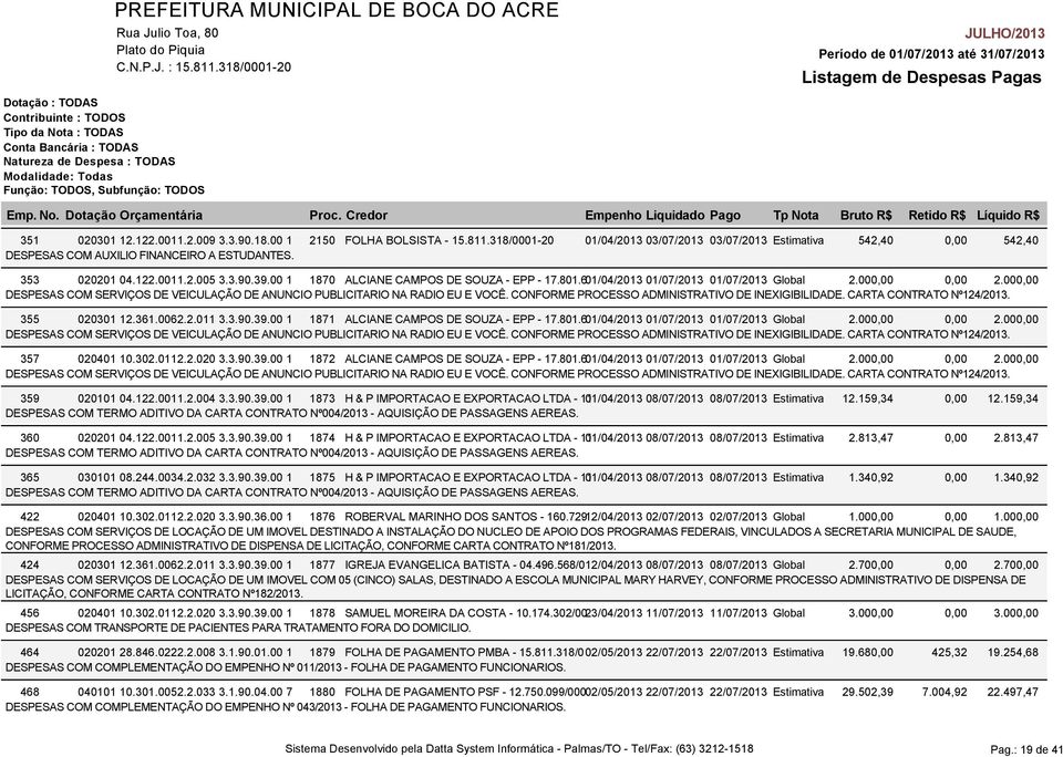 CONFORME PROCESSO ADMINISTRATIVO DE INEXIGIBILIDADE. CARTA CONTRATO Nº124/2013. 355 020301 12.361.0062.2.011 3.3.90.39.00 1 1871 ALCIANE CAMPOS DE SOUZA - EPP - 17.801.