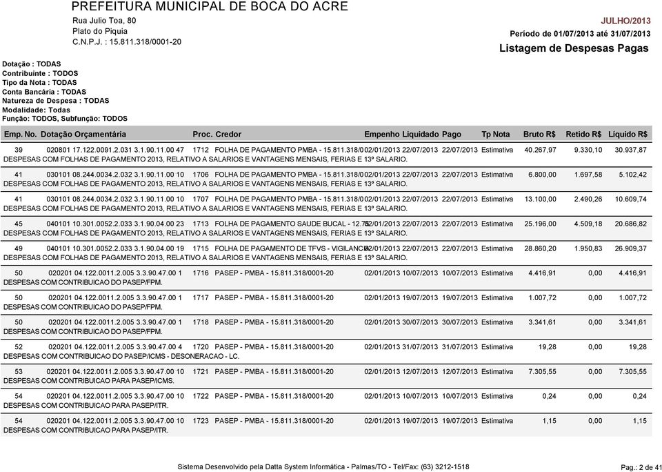 318/002/01/2013 22/07/2013 22/07/2013 Estimativa 6.800,00 DESPESAS COM FOLHAS DE PAGAMENTO 2013, RELATIVO A SALARIOS E VANTAGENS MENSAIS, FERIAS E 13º SALARIO. 41 030101 08.244.0034.2.032 3.1.90.11.