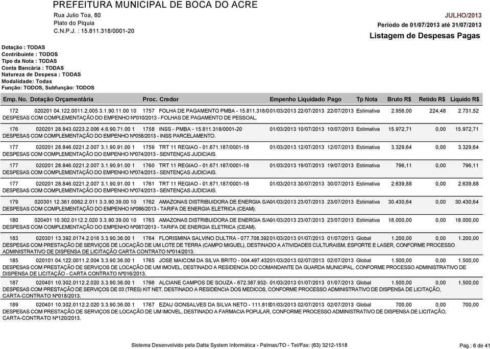 318/0001-20 01/03/2013 10/07/2013 10/07/2013 Estimativa 15.972,71 DESPESAS COM COMPLEMENTAÇÃO DO EMPENHO Nº058/2013 - INSS PARCELAMENTO. 177 020201 28.846.0221.2.007 3.1.90.91.