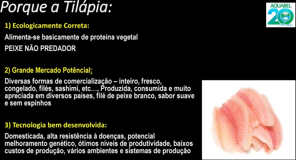 em diversos países, filé de peixe branco, sabor suave e sem espinhos 3) Tecnologia bem desenvolvida: Domesticada, alta resistência à