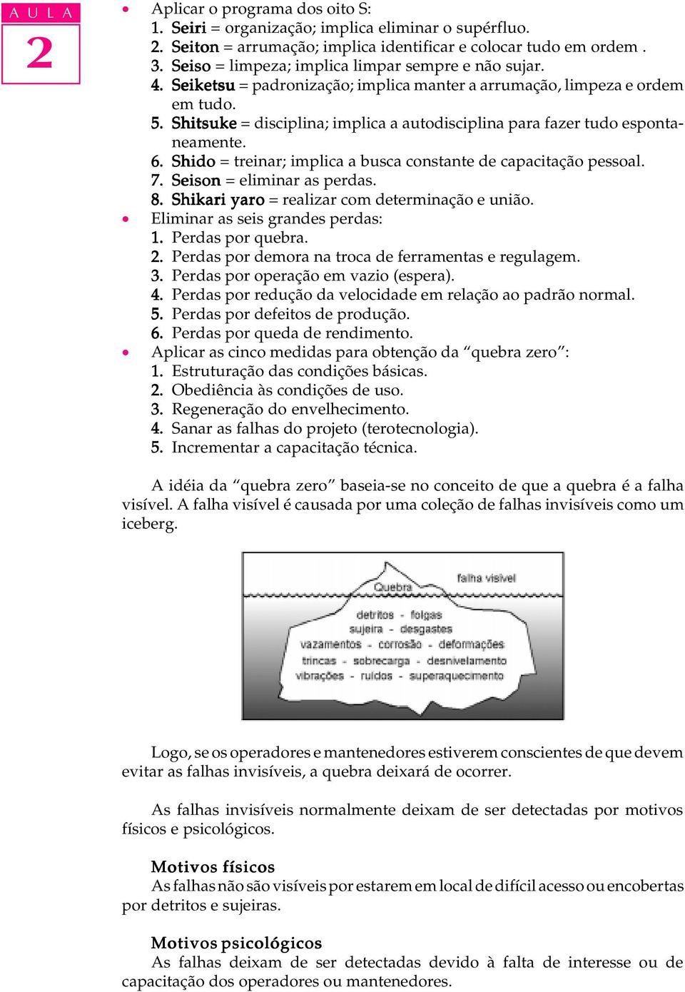 Shitsuke = disciplina; implica a autodisciplina para fazer tudo espontaneamente. 6. Shido = treinar; implica a busca constante de capacitação pessoal. 7. Seison = eliminar as perdas. 8.