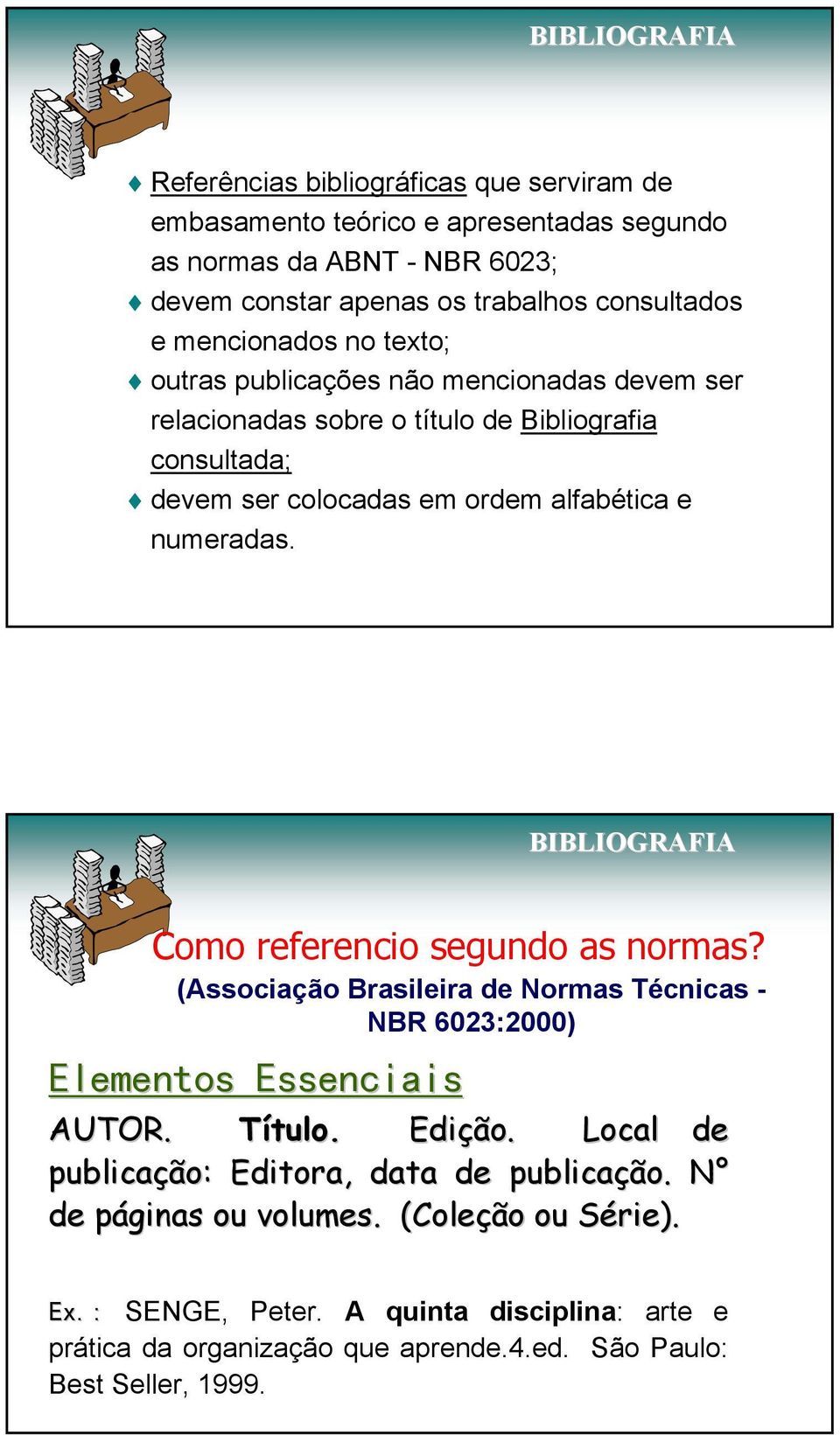 BIBLIOGRAFIA Como referencio segundo as normas? (Associação Brasileira de Normas Técnicas - NBR 6023:2000) Elementos Essenciais AUTOR. Título. Edição.