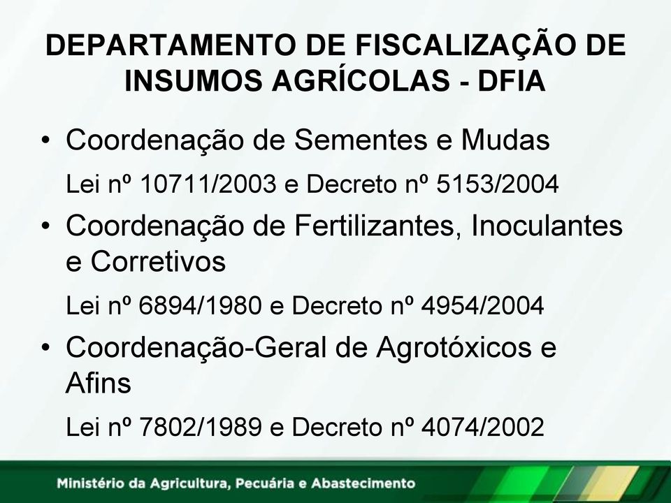 Fertilizantes, Inoculantes e Corretivos Lei nº 6894/1980 e Decreto nº