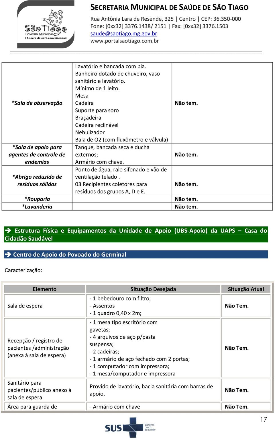 Mesa Cadeira Suporte para soro Braçadeira Cadeira reclinável Nebulizador Bala de O2 (com fluxômetro e válvula) Tanque, bancada seca e ducha externos; Armário com chave.