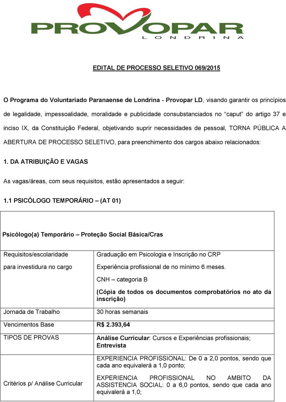 abaixo relacionados: 1. DA ATRIBUIÇÃO E VAGAS As vagas/áreas, com seus requisitos, estão apresentados a seguir: 1.