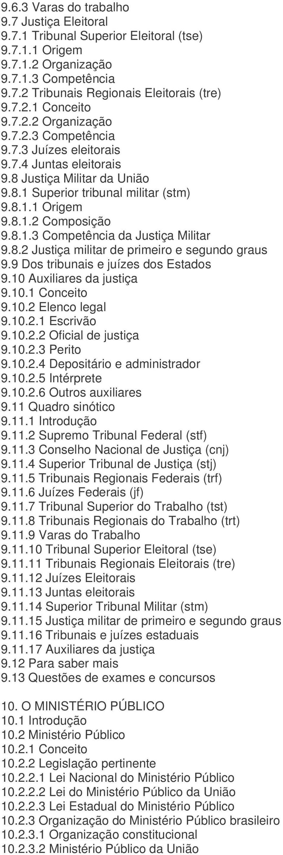 8.2 Justiça militar de primeiro e segundo graus 9.9 Dos tribunais e juízes dos Estados 9.10 Auxiliares da justiça 9.10.1 Conceito 9.10.2 Elenco legal 9.10.2.1 Escrivão 9.10.2.2 Oficial de justiça 9.