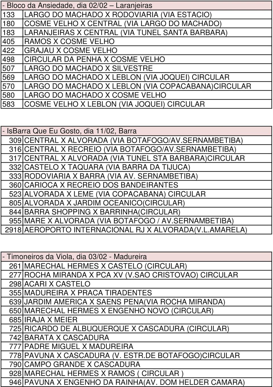 (VIA COPACABANA)CIRCULAR - IsBarra Que Eu Gosto, dia 11/02, Barra 309 CENTRAL X ALVORADA (VIA BOTAFOGO/AV.SERNAMBETIBA) 316 CENTRAL X RECREIO (VIA BOTAFOGO/AV.