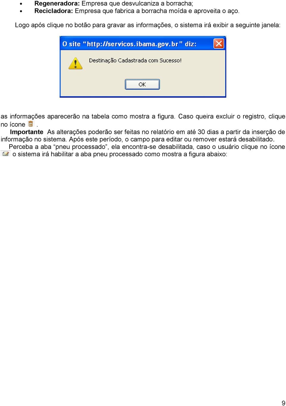 Caso queira excluir o registro, clique no ícone. Importante As alterações poderão ser feitas no relatório em até 30 dias a partir da inserção de informação no sistema.