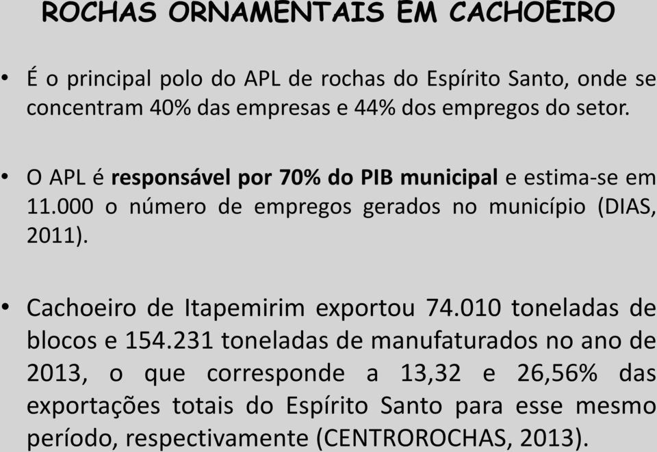 000 o número de empregos gerados no município (DIAS, 2011). Cachoeiro de Itapemirim exportou 74.010 toneladas de blocos e 154.