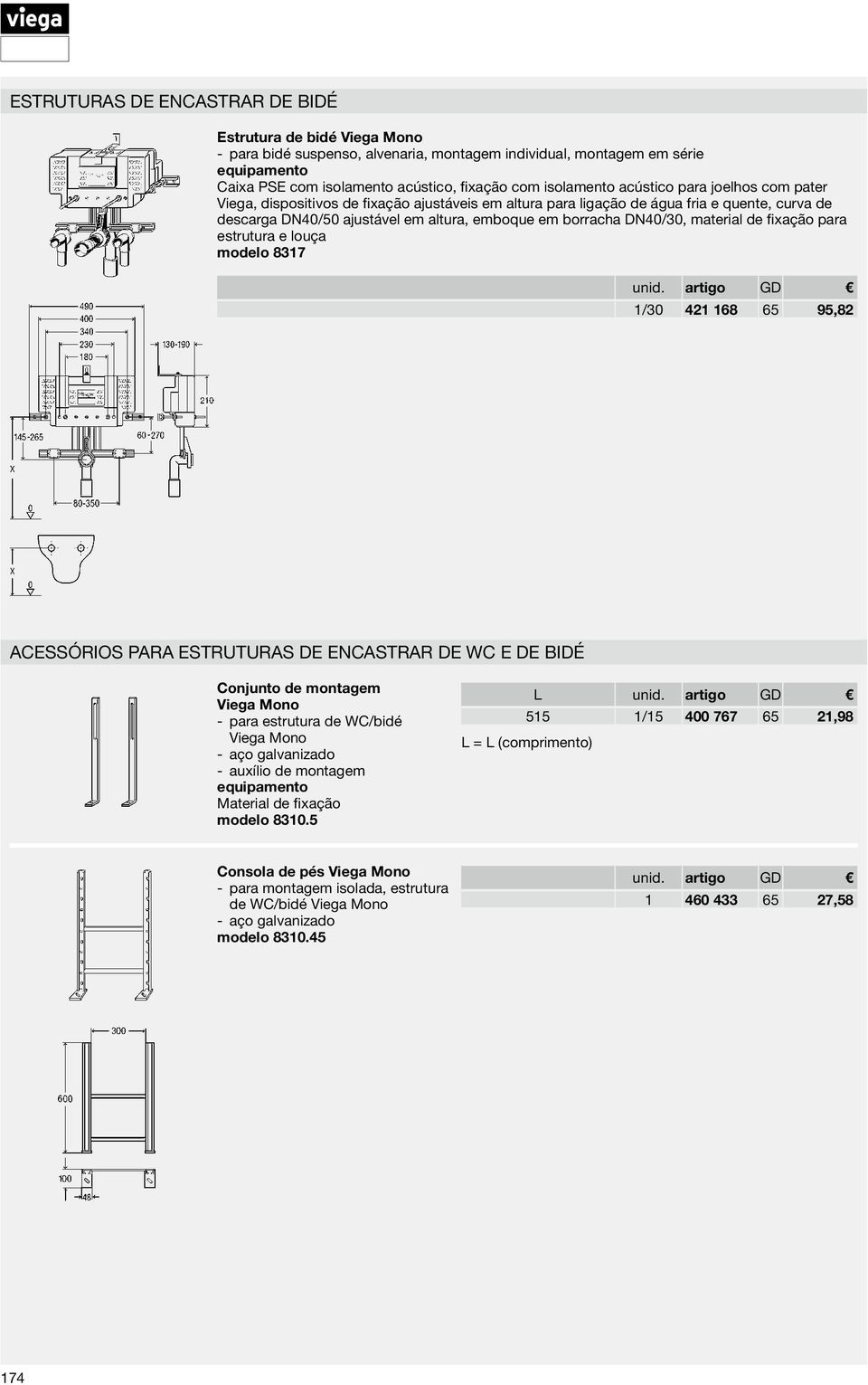 fixação para estrutura e louça modelo 8317 1/30 421 168 65 95,82 Acessórios para estruturas de encastrar de WC e de bidé Conjunto de montagem Viega Mono para estrutura de WC/bidé Viega Mono aço