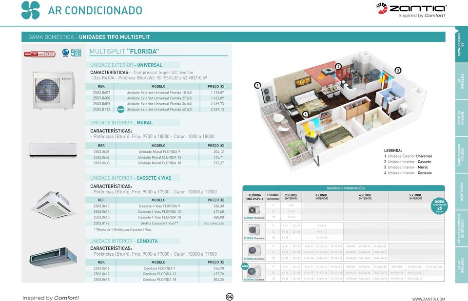 169,73 2504.0112 Unidade Exterior Universal Florida 42 (x5) 2.349,13 UNIDADE INTERIOR MURAL CACTERÍSTICAS: Potências (Btu/h): Frio: 9700 a 18000 Calor: 1000 a 18000 2503.