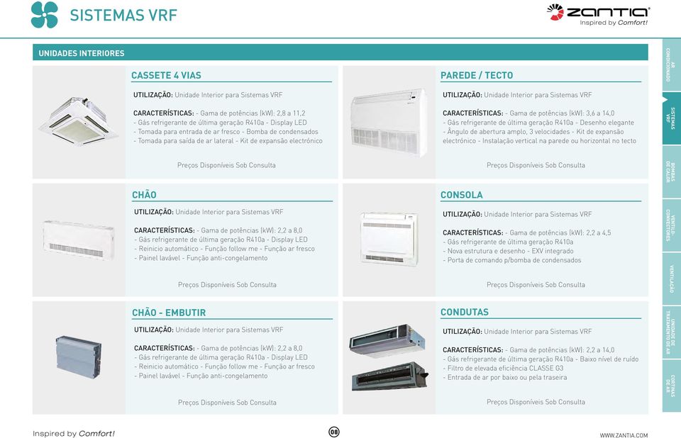 (kw): 3,6 a 14,0 Gás refrigerante de última geração R410a Desenho elegante Ângulo de abertura amplo, 3 velocidades Kit de expansão electrónico Instalação vertical na parede ou horizontal no tecto