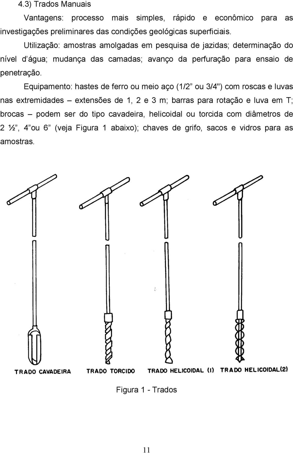 Equipamento: hastes de ferro ou meio aço (1/2 ou 3/4") com roscas e luvas nas extremidades extensões de 1, 2 e 3 m; barras para rotação e luva em T; brocas