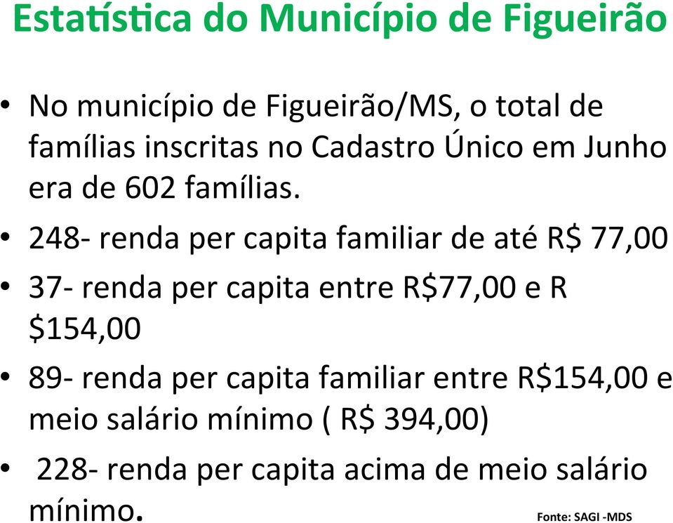 248- renda per capita familiar de até R$ 77,00 37- renda per capita entre R$77,00 e R $154,00