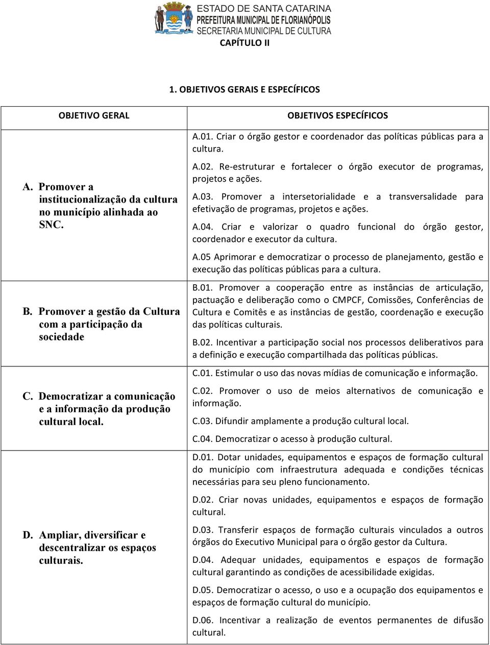 OBJETIVOS ESPECÍFICOS A.01. Criar o órgão gestor e coordenador das políticas públicas para a cultura. A.02. Re- estruturar e fortalecer o órgão executor de programas, projetos e ações. A.03.