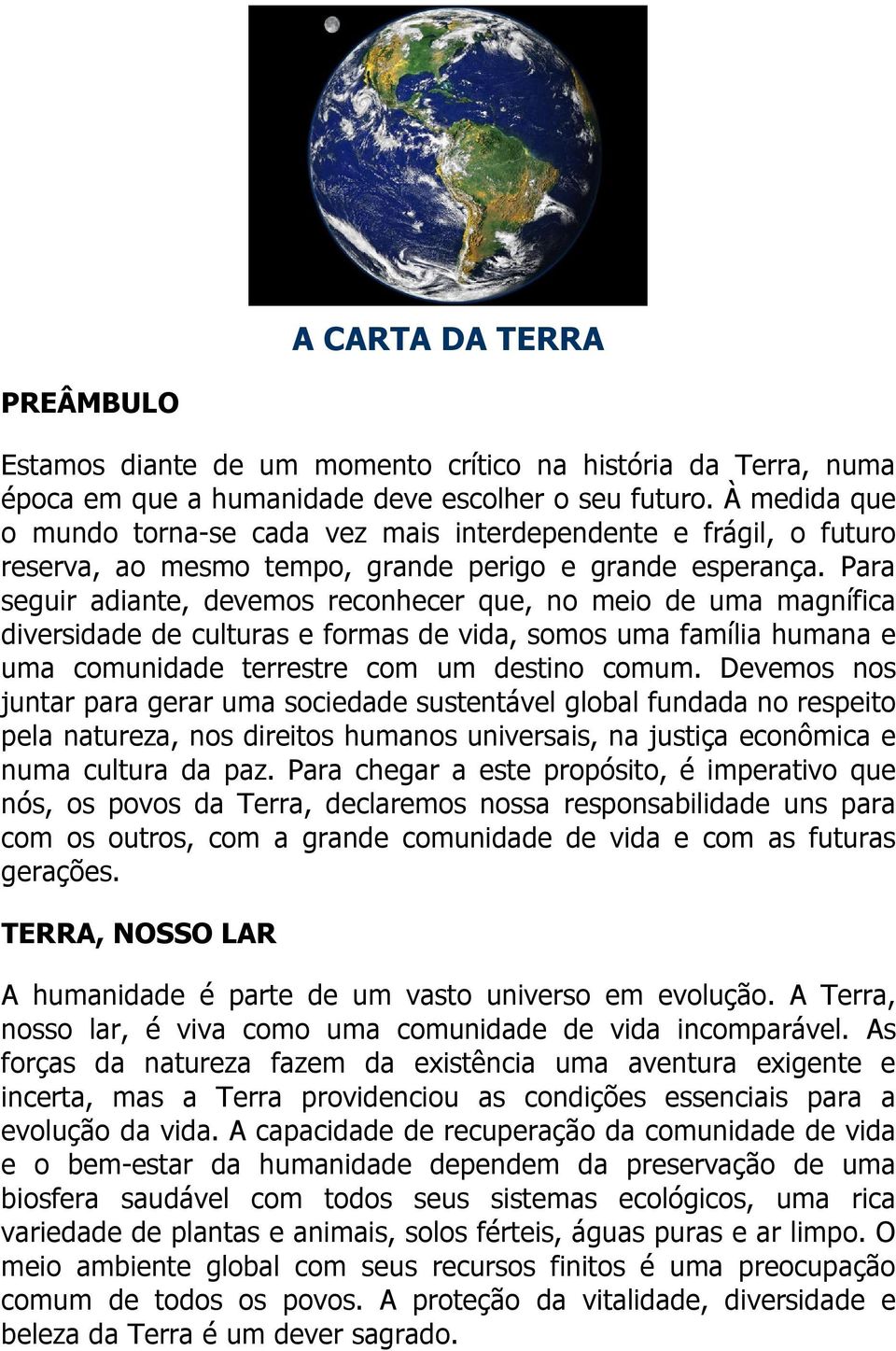 Para seguir adiante, devemos reconhecer que, no meio de uma magnífica diversidade de culturas e formas de vida, somos uma família humana e uma comunidade terrestre com um destino comum.