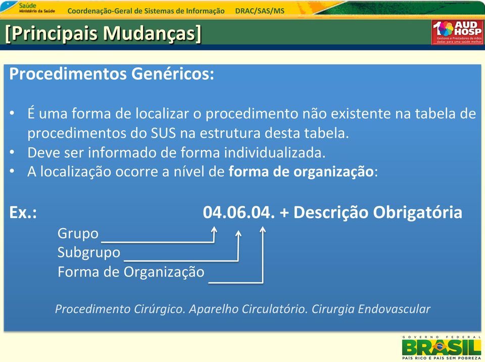 A localização ocorre a nível de forma de organização: É possível escolher modalidade ambulatorial ou internação para procedimentos que podem ser realizados nestas duas modalidades.