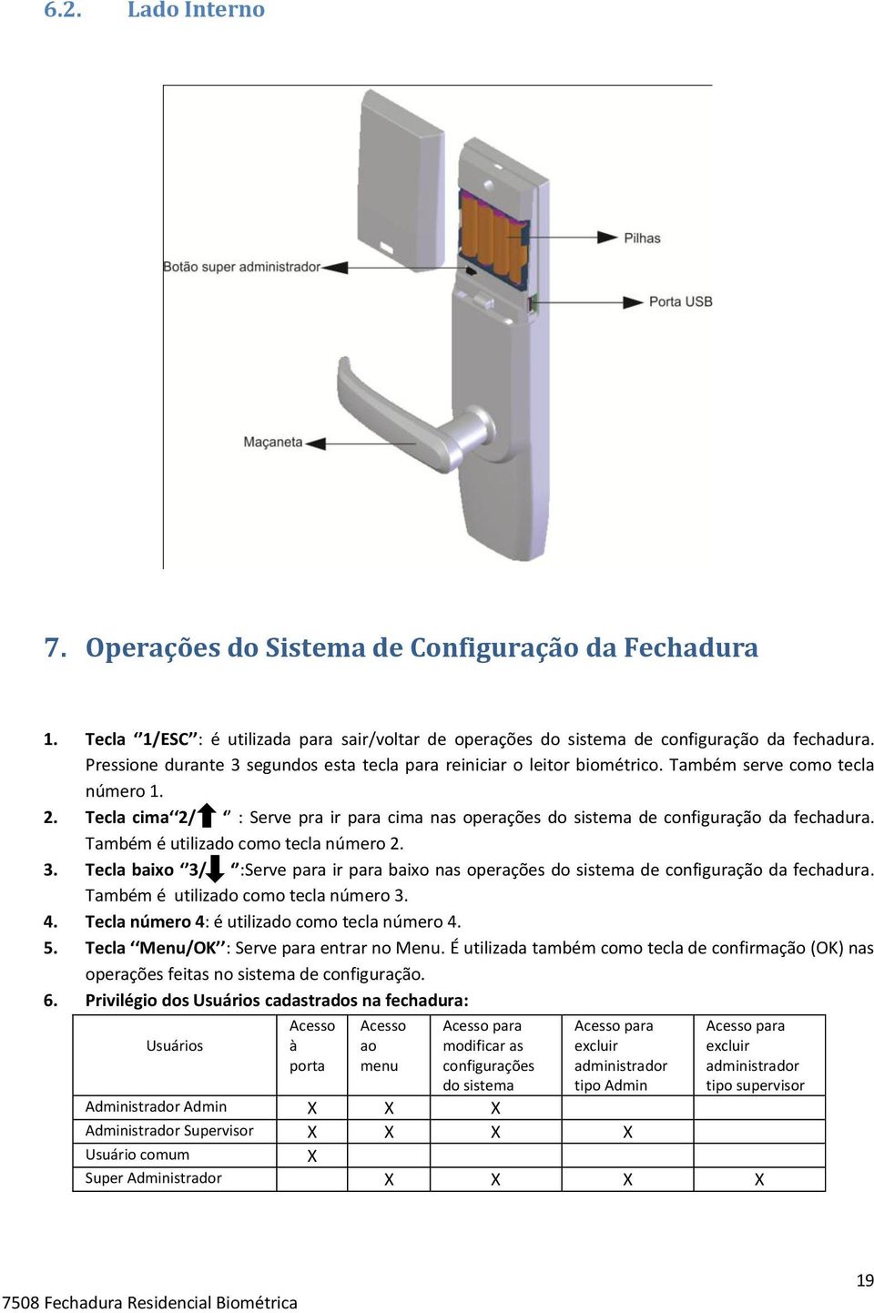 Tecla cima 2/ : Serve pra ir para cima nas operações do sistema de configuração da fechadura. Também é utilizado como tecla número 2. 3.