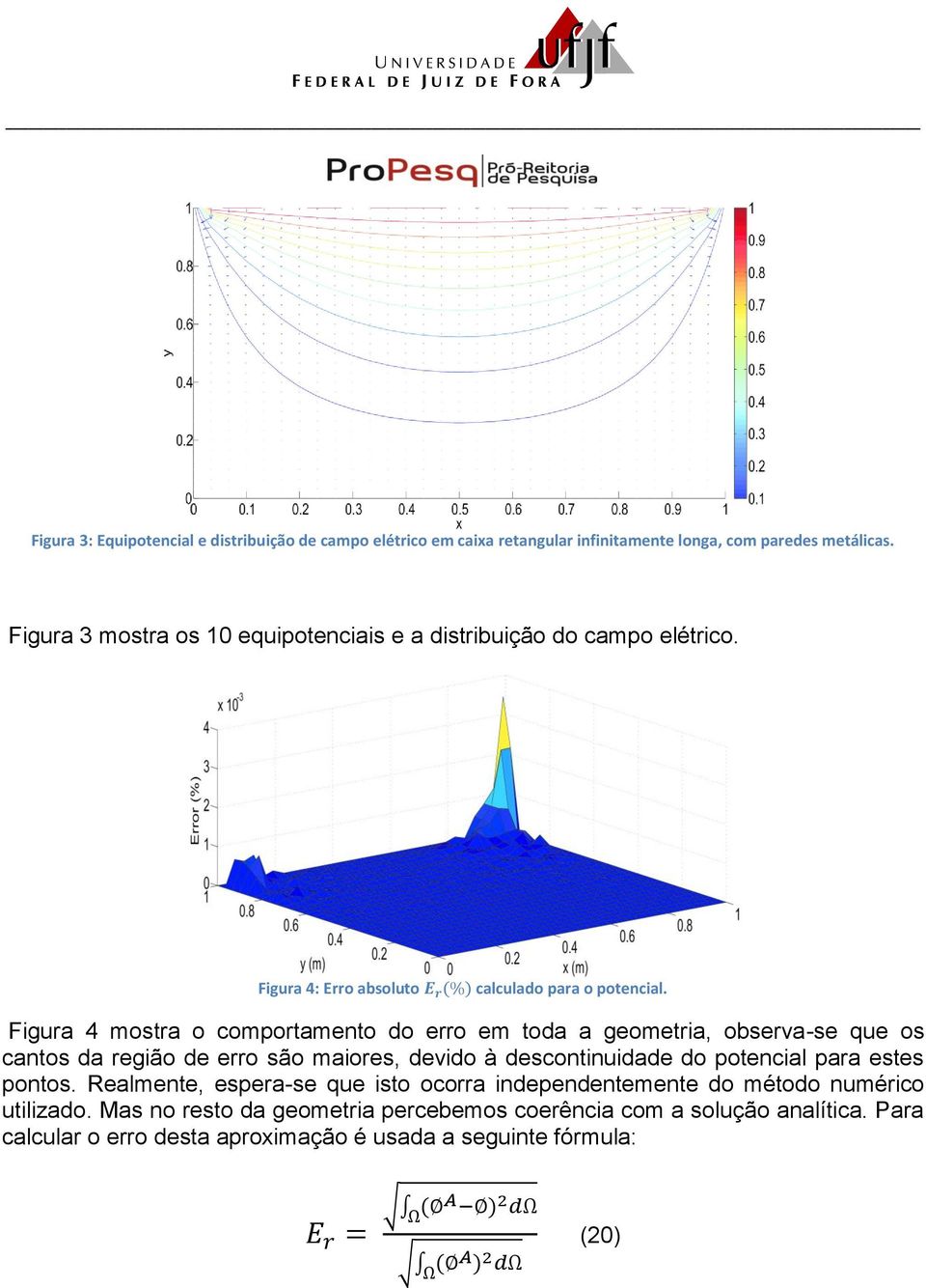 Figura 4 mostra o comportamento do erro em toda a geometria, observa-se que os cantos da região de erro são maiores, devido à descontinuidade do potencial para