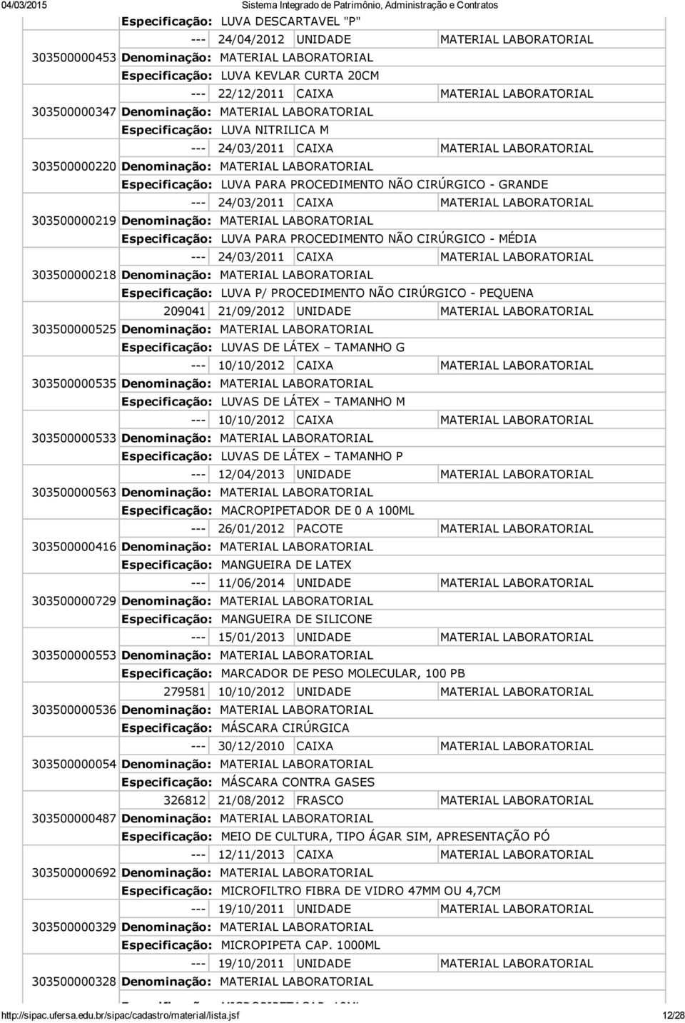 PROCEDIMENTO NÃO CIRÚRGICO MÉDIA 24/03/2011 CAIXA MATERIAL LABORATORIAL 303500000218 Especificação: LUVA P/ PROCEDIMENTO NÃO CIRÚRGICO PEQUENA 209041 21/09/2012 UNIDADE MATERIAL LABORATORIAL