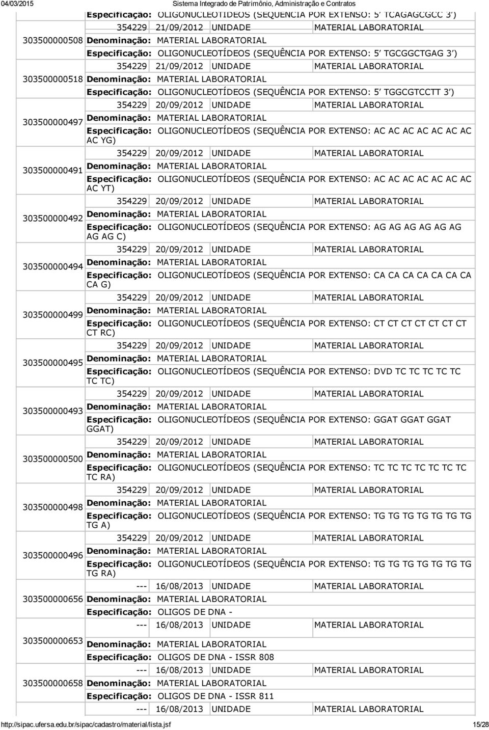 303500000497 Especificação: OLIGONUCLEOTÍDEOS (SEQUÊNCIA POR EXTENSO: AC AC AC AC AC AC AC AC YG) 354229 20/09/2012 UNIDADE MATERIAL LABORATORIAL 303500000491 Especificação: OLIGONUCLEOTÍDEOS