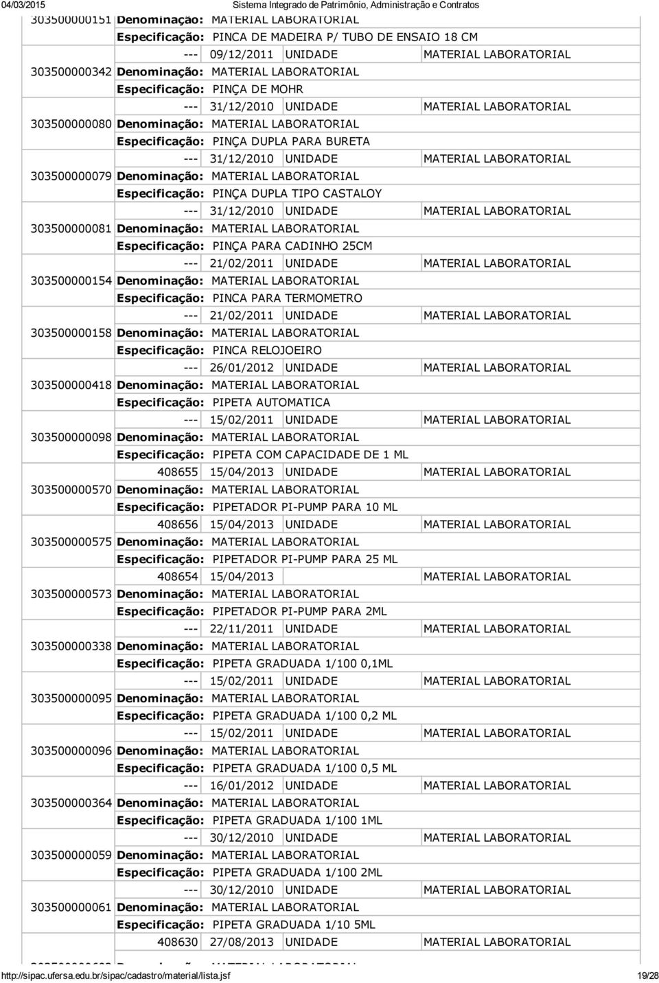 303500000081 Especificação: PINÇA PARA CADINHO 25CM 21/02/2011 UNIDADE MATERIAL LABORATORIAL 303500000154 Especificação: PINCA PARA TERMOMETRO 21/02/2011 UNIDADE MATERIAL LABORATORIAL 303500000158