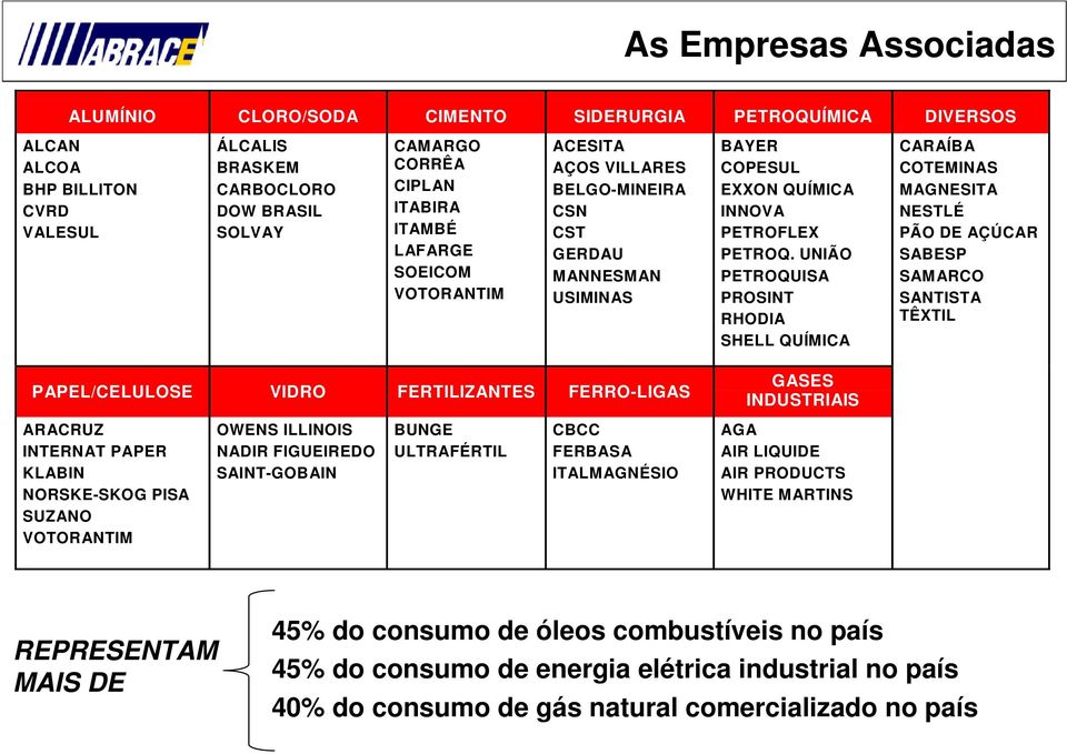 UNIÃO PETROQUISA PROSINT RHODIA SHELL QUÍMICA CARAÍBA COTEMINAS MAGNESITA NESTLÉ PÃO DE AÇÚCAR SABESP SAMARCO SANTISTA TÊTIL PAPEL/CELULOSE VIDRO FERTILIZANTES FERROLIGAS GASES INDUSTRIAIS ARACRUZ