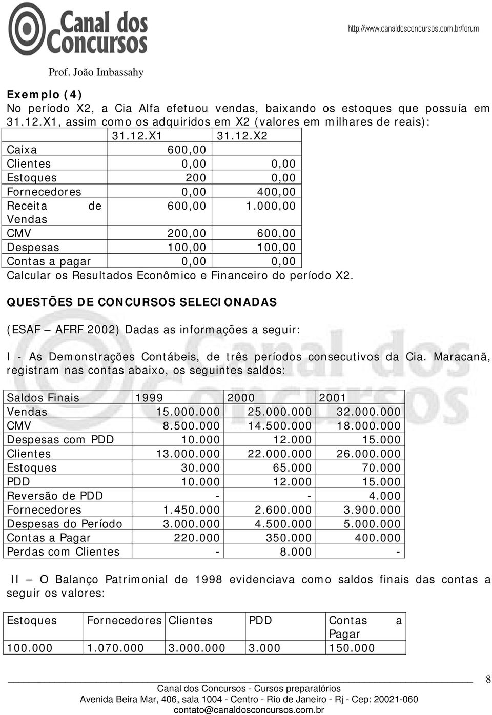 QUESTÕES DE CONCURSOS SELECIONADAS (ESAF AFRF 2002) Dadas as informações a seguir: I - As Demonstrações Contábeis, de três períodos consecutivos da Cia.