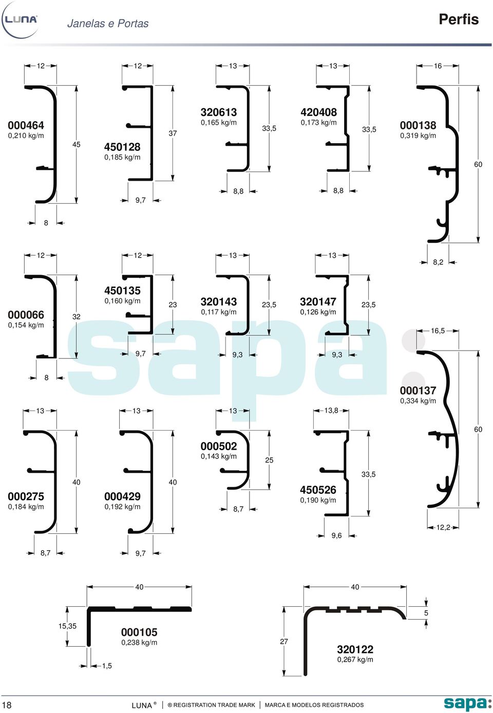 0,126 kg/m 23,5 16,5 9,7 9,3 9,3 13 8 13 13 13,8 000137 0,33 kg/m 60 000502 0,13 kg/m 25 000275 0,18 kg/m 0