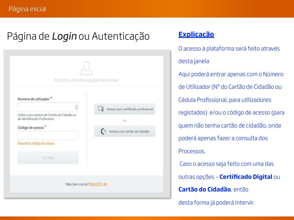 código de acesso (para quem não tenha cartão de cidadão, onde poderá apenas fazer a consulta dos Processos.