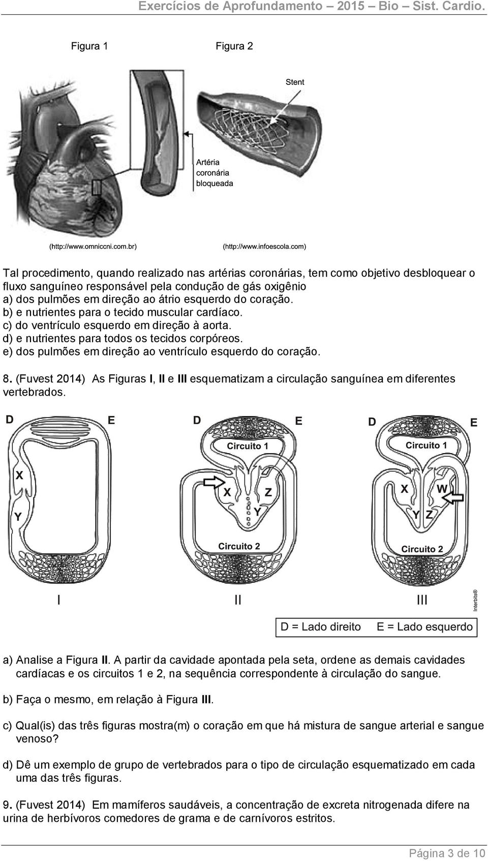 e) dos pulmões em direção ao ventrículo esquerdo do coração. 8. (Fuvest 2014) As Figuras I, II e III esquematizam a circulação sanguínea em diferentes vertebrados. a) Analise a Figura II.