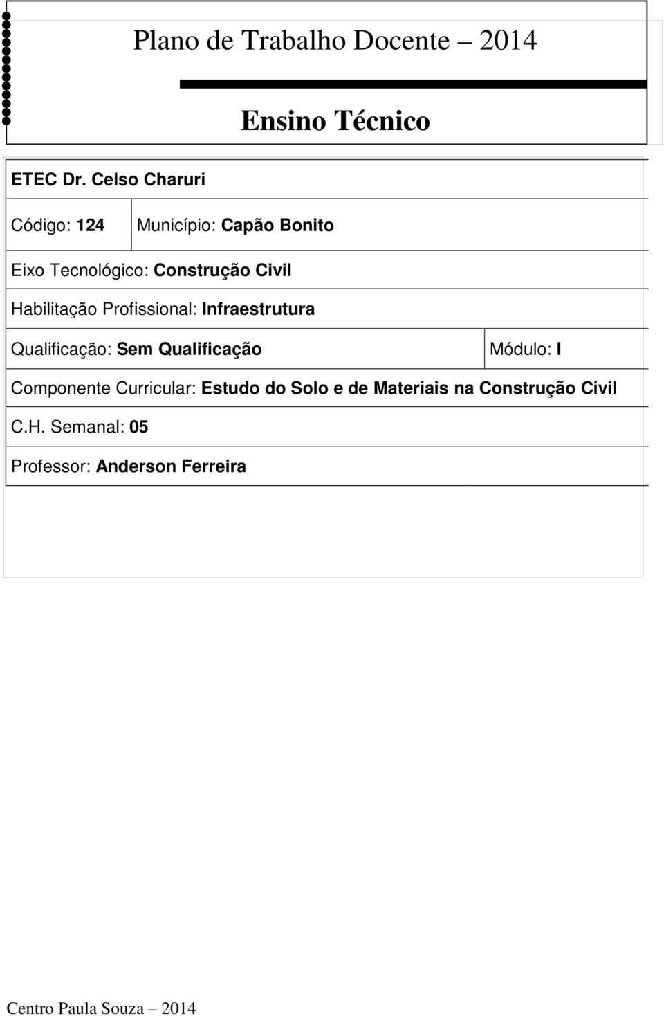 Habilitação Profissional: Infraestrutura Qualificação: Sem Qualificação Módulo: I