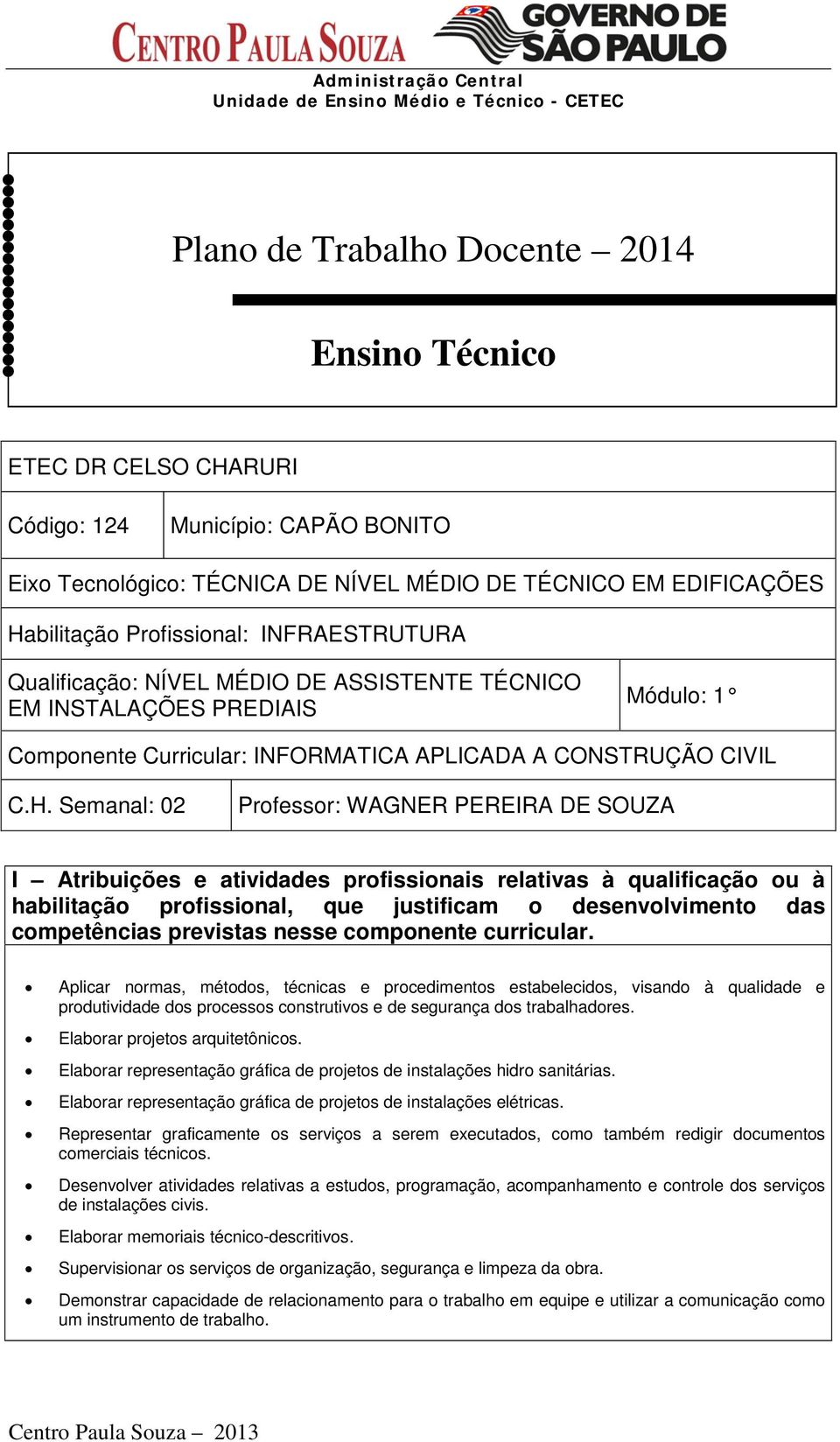 Semanal: 02 Professor: WAGNER PEREIRA DE SOUZA I Atribuições e atividades profissionais relativas à qualificação ou à habilitação profissional, que justificam o desenvolvimento das competências