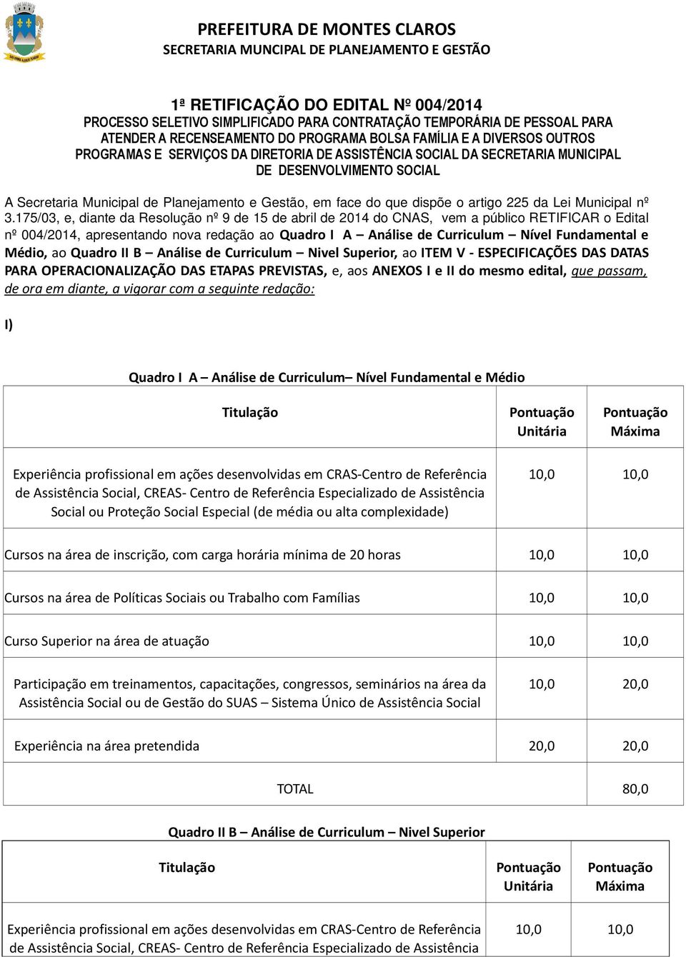 175/03, e, diante da Resolução nº 9 de 15 de abril de 2014 do CNAS, vem a público RETIFICAR o Edital nº 004/2014, apresentando nova redação ao Quadro I A Análise de Curriculum Nível Fundamental e