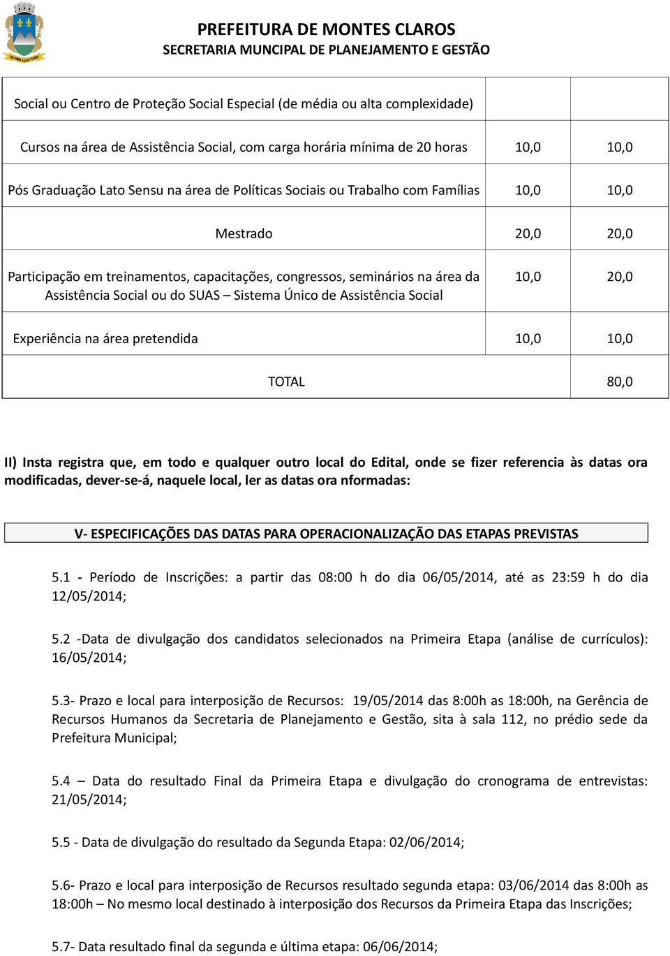 Experiência na área pretendida 10,0 10,0 TOTAL 80,0 II) Insta registra que, em todo e qualquer outro local do Edital, onde se fizer referencia às datas ora modificadas, dever-se-á, naquele local, ler