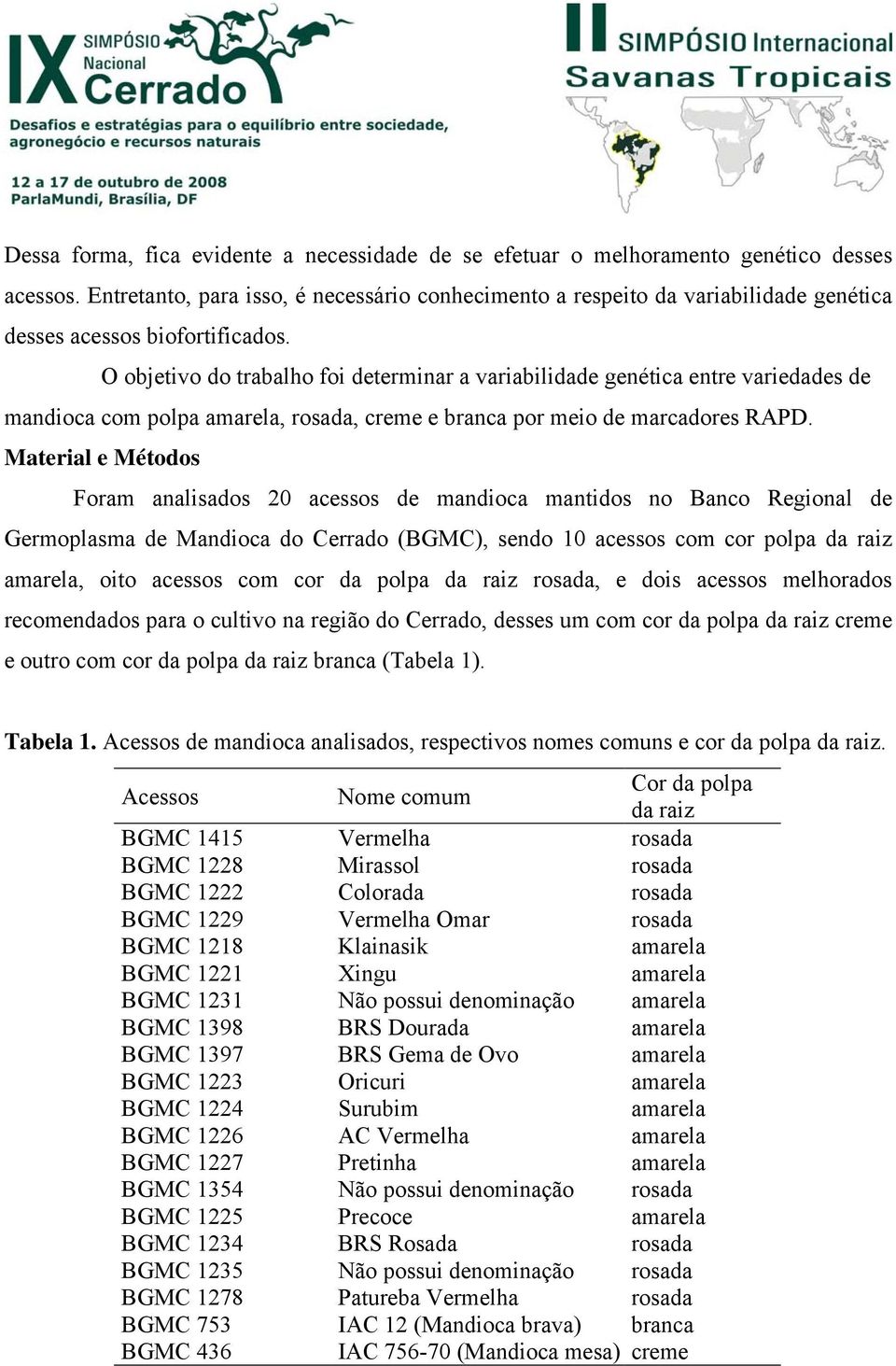 O objetivo do trabalho foi determinar a variabilidade genética entre variedades de mandioca com polpa amarela, rosada, creme e branca por meio de marcadores RAPD.