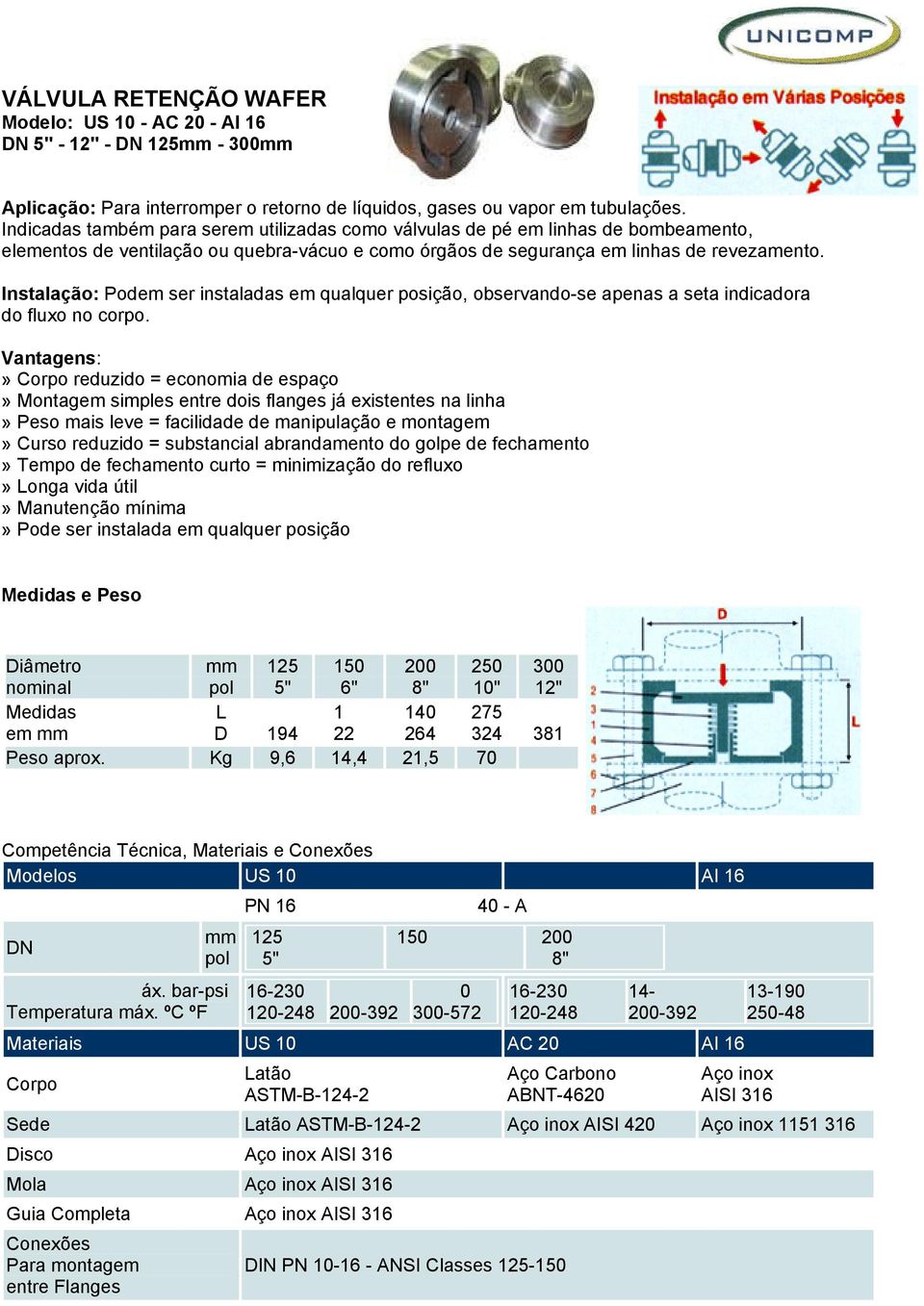 Instalação: Podem ser instaladas em qualquer posição, observando-se apenas a seta indicadora do fluxo no corpo.