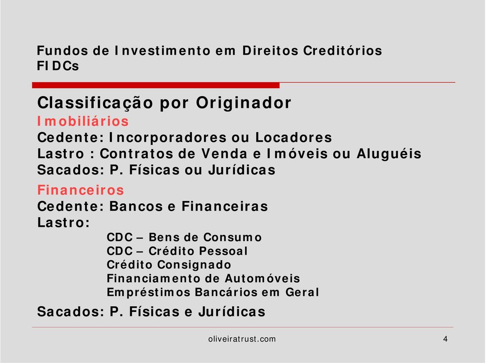 Físicas ou Jurídicas Financeiros Cedente: Bancos e Financeiras Lastro: CDC Bens de Consumo CDC Crédito