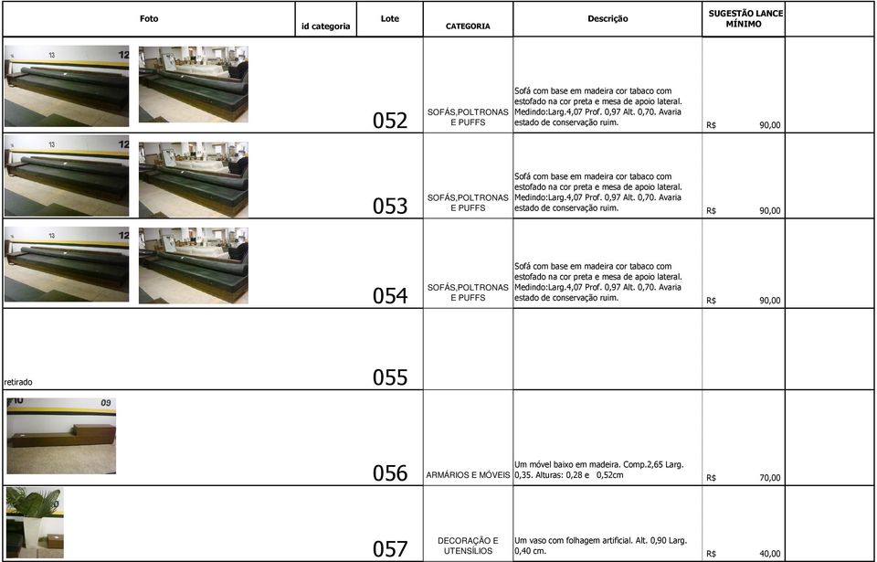 Avaria estado de conservação ruim. R$ 90,00 054 SOFÁS,POLTRONAS Sofá com base em madeira cor tabaco com estofado na cor preta e mesa de apoio lateral. Medindo:Larg.4,07 Prof. 0,97 Alt.