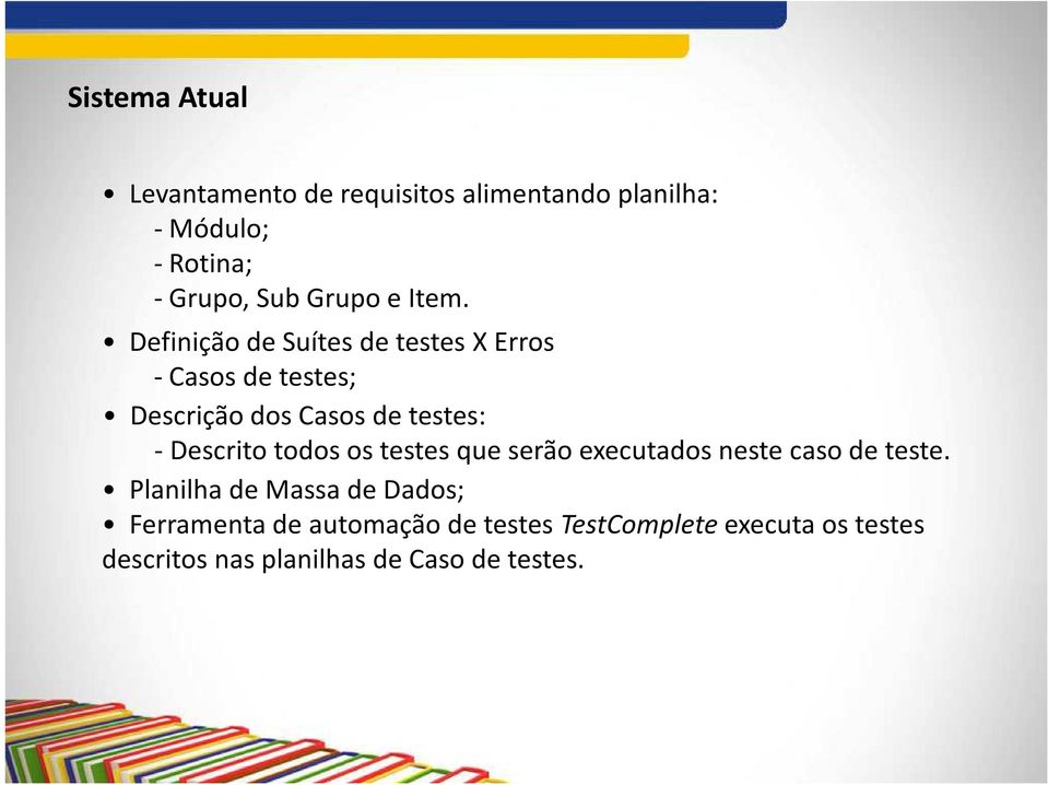 Definição de Suítes de testes X Erros -Casos de testes; Descrição dos Casos de testes: - Descrito