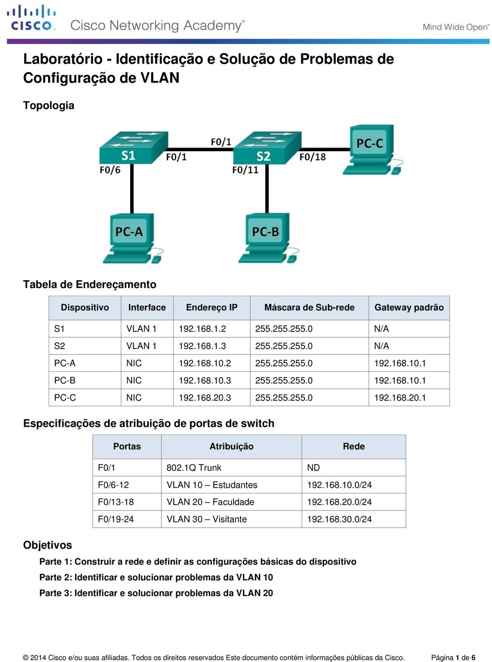 3 255.255.255.0 192.168.20.1 Especificações de atribuição de portas de switch Portas Atribuição Rede F0/1 802.1Q Trunk ND F0/6-12 VLAN 10 Estudantes 192.168.10.0/24 F0/13-18 VLAN 20 Faculdade 192.168.20.0/24 F0/19-24 VLAN 30 Visitante 192.