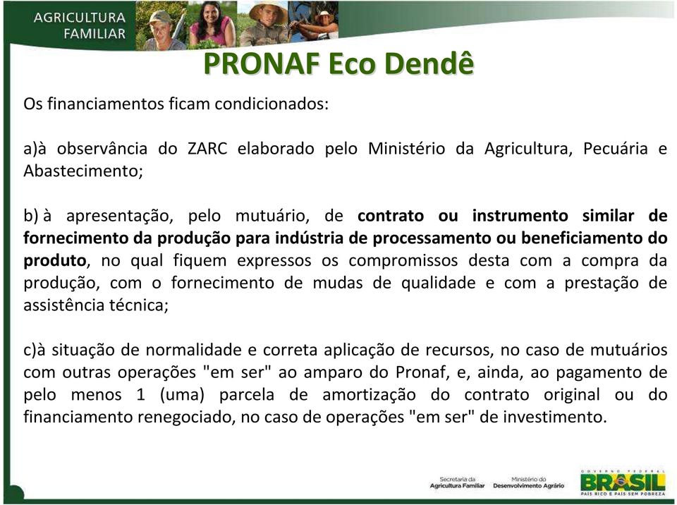 produção, com o fornecimento de mudas de qualidade e com a prestação de assistência técnica; c)à situação de normalidade e correta aplicação de recursos, no caso de mutuários com outras