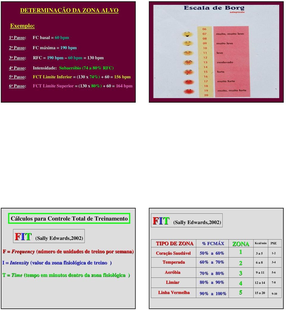 Edwards,2002) FIT (Sally Edwards,2002) F = Frequency (número de unidades de treino por semana) TIPO DE ZONA Coração Saudável % FCMÁX a ZONA 1 Kcal/min 3 a 5 PSE 1-2 I = Intensity