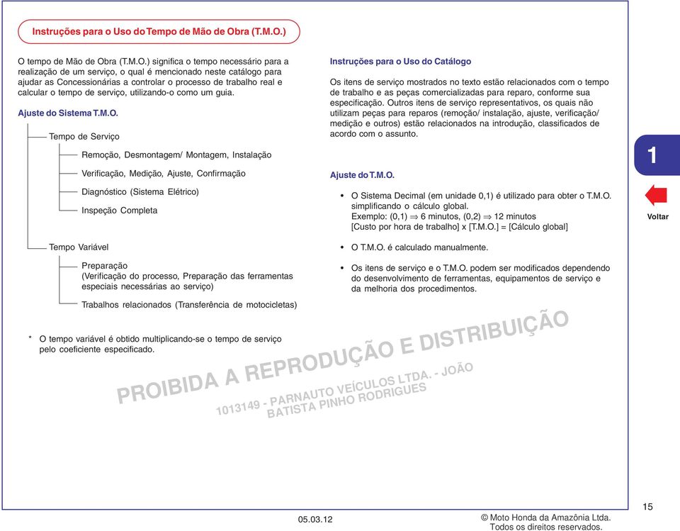 ) O tempo de Mão de Ob) significa o tempo necessário para a realização de um serviço, o qual é mencionado neste catálogo para ajudar as Concessionárias a controlar o processo de trabalho real e