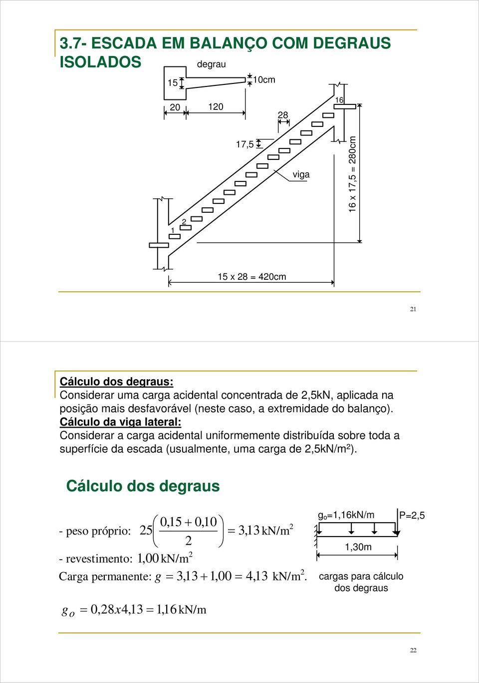 Cálculo da viga lateral: Considerar a carga acidental uniformemente distribuída sobre toda a superfície da escada (usualmente, uma carga de,5kn/m ).