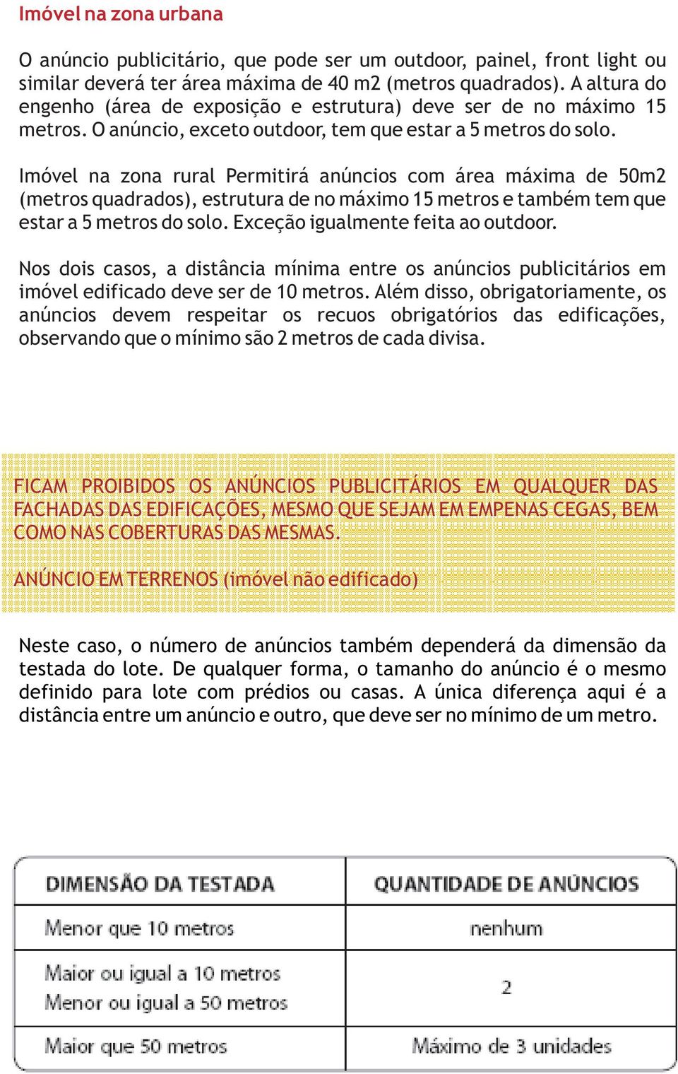 Imóvel na zona rural Permitirá anúncios com área máxima de 50m2 (metros quadrados), estrutura de no máximo 15 metros e também tem que estar a 5 metros do solo. Exceção igualmente feita ao outdoor.