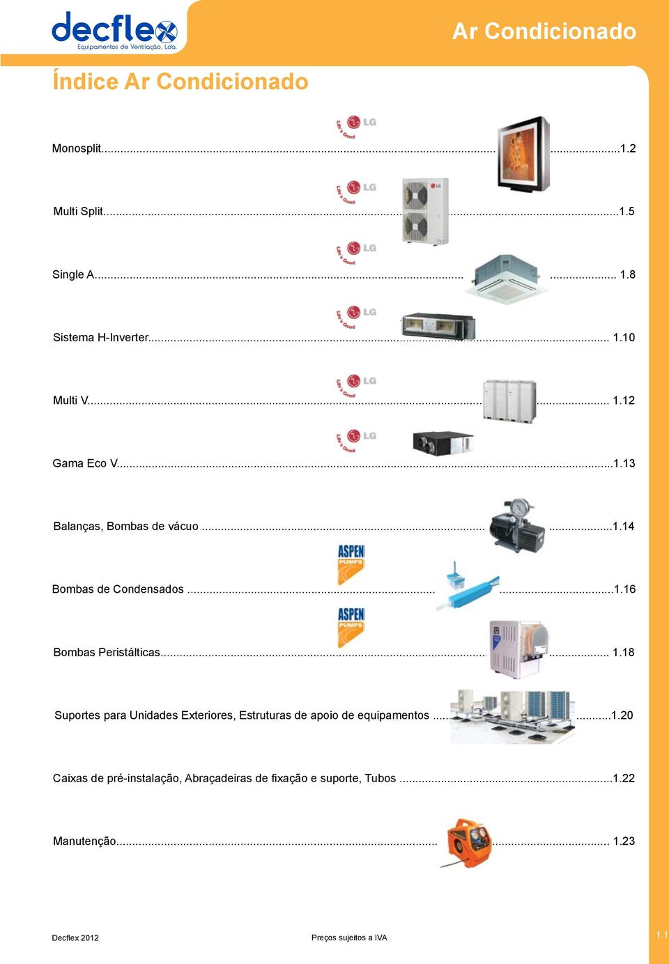 .. 1.18 Suportes para Unidades Exteriores, Estruturas de apoio de equipamentos...1.20 Caixas de pré-instalação, Abraçadeiras de fixação e suporte, Tubos.