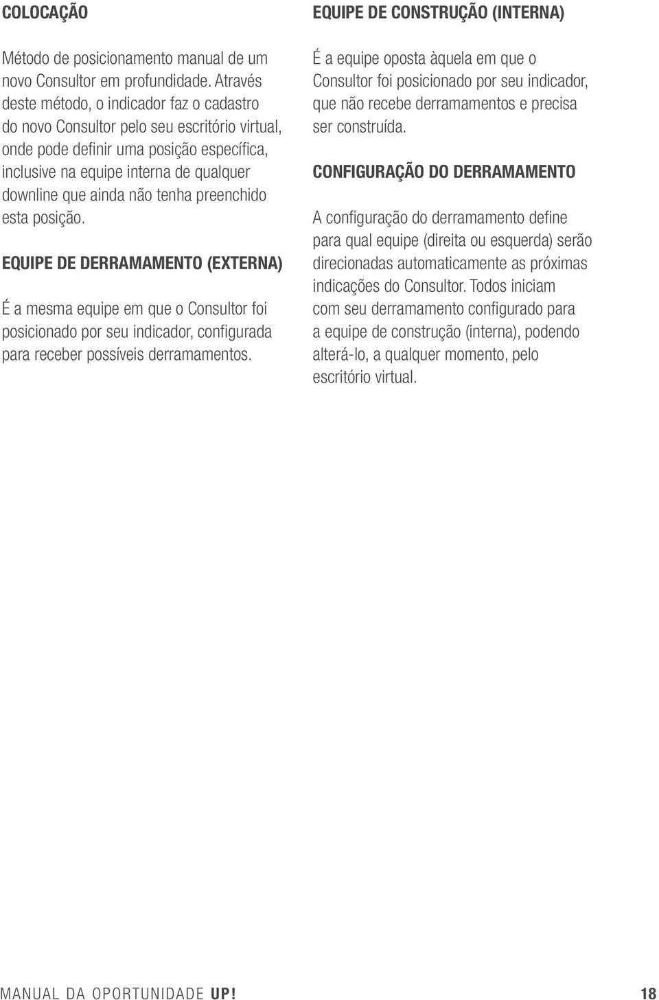 não tenha preenchido esta posição. EQUIPE DE DERRAMAMENTO (EXTERNA) É a mesma equipe em que o Consultor foi posicionado por seu indicador, configurada para receber possíveis derramamentos.